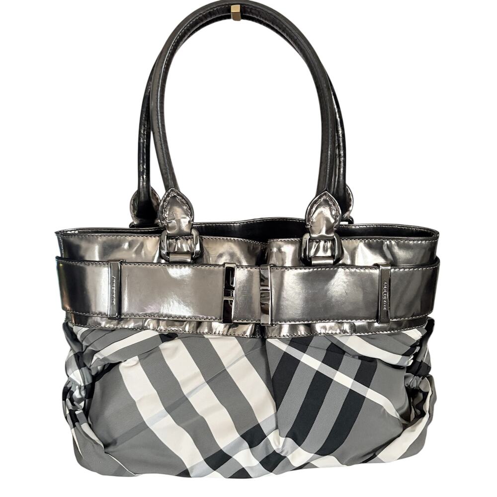 Burberry Beat Check Nylon Tote with Metallic Pewter Patent Leather Trim